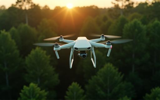 Eine Drohne, die über einem nachhaltig bewirtschafteten Wald fliegt.